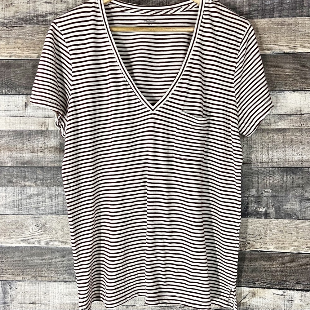 Madewell Black & White Striped V-Neck Short Sleeve Tee